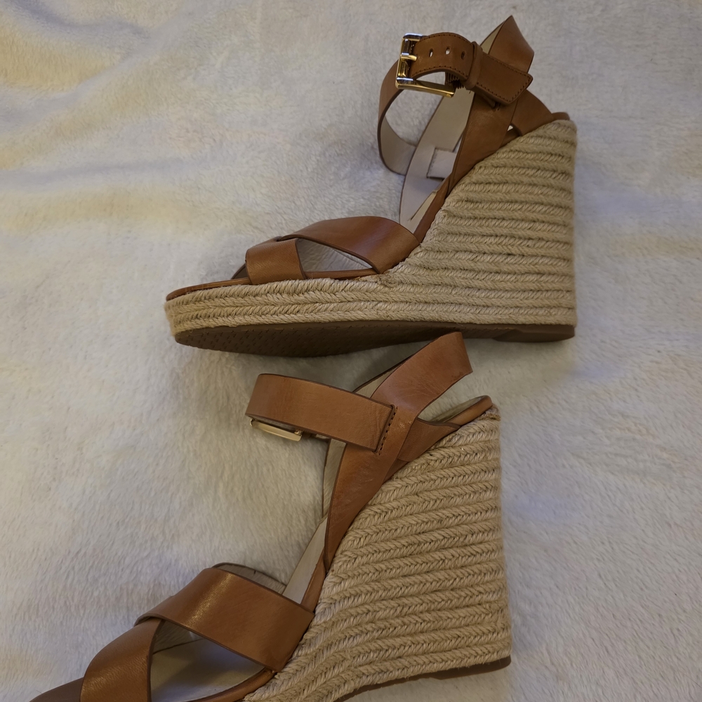 Michael Kors Tan Wedge Sandals with Crisscross Straps - Picture 4 of 6